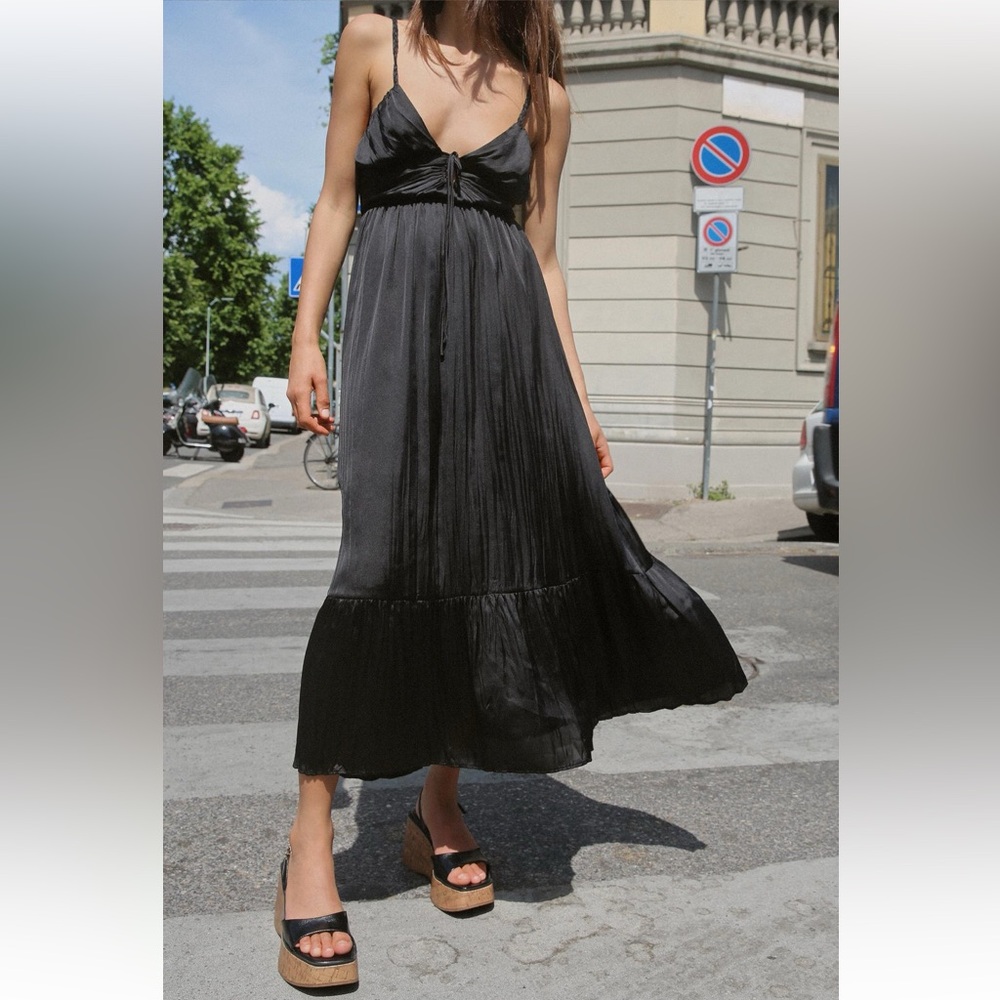 ZARA New Black Open Back Slip Satin Effect Dress WOMEN'S Deep V-neck XS Midi